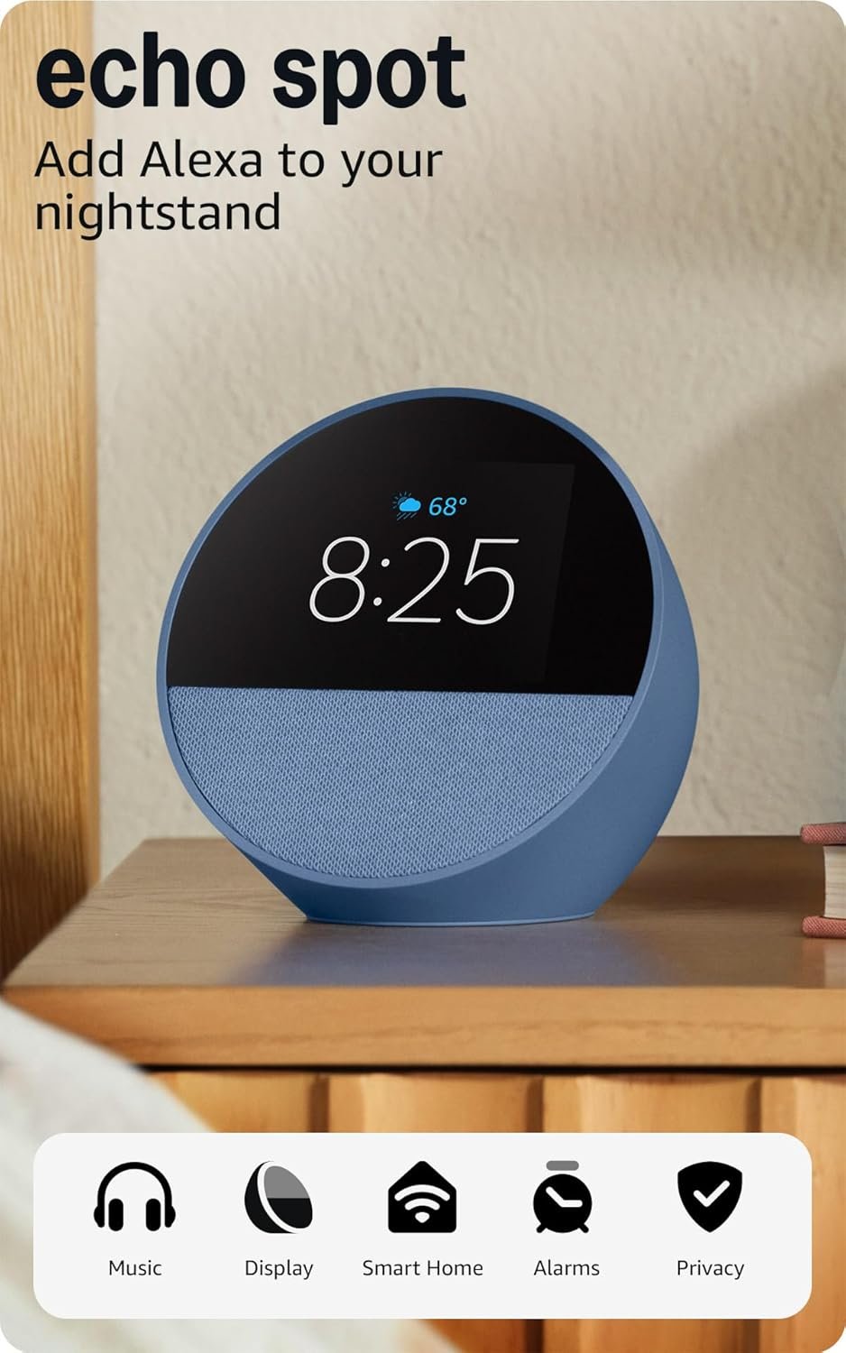 Amazon Echo Spot (newest model), Great for nightstands, offices and kitchens, Smart alarm clock, Designed for Alexa+, Ocean Blue