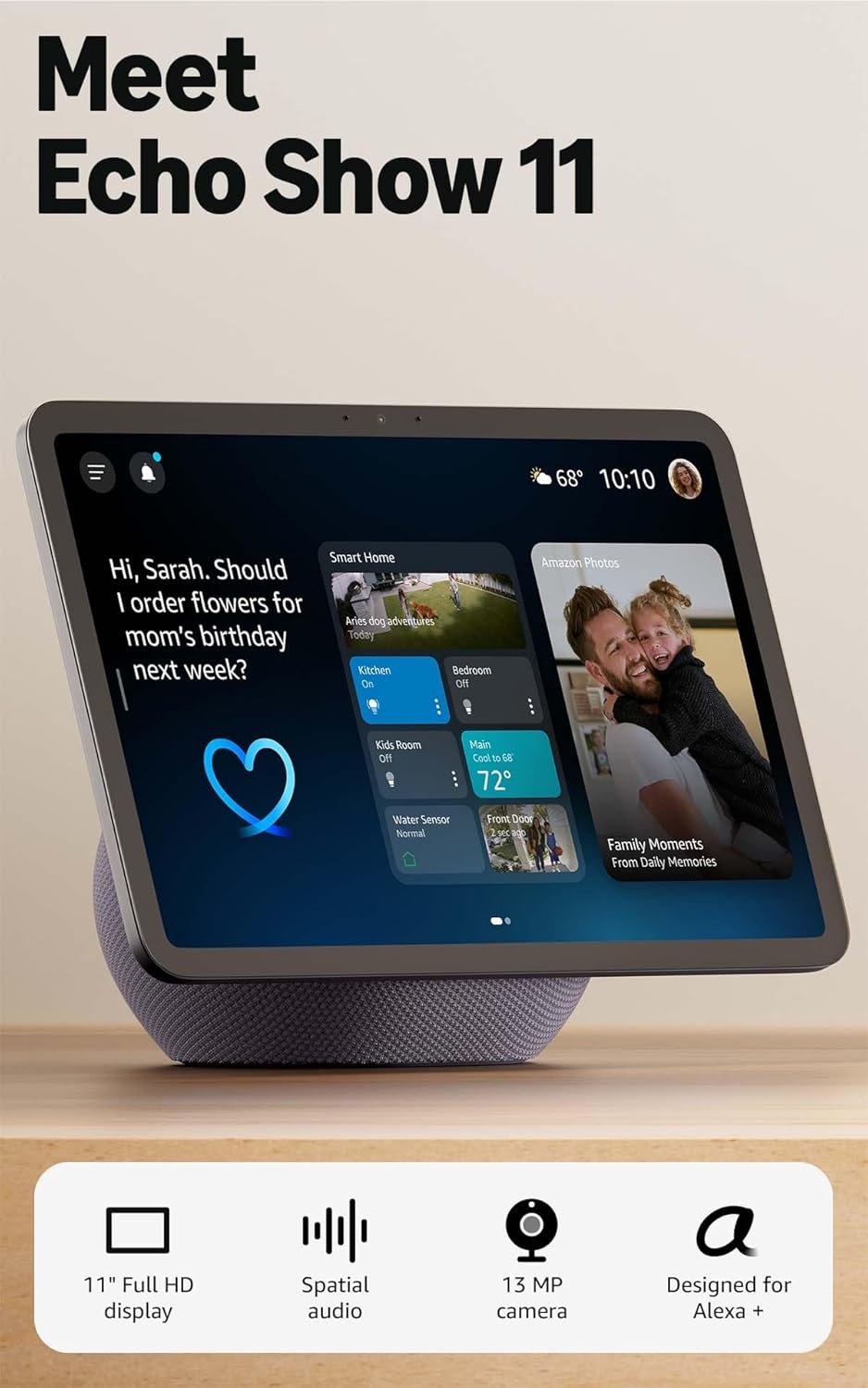 Amazon Echo Show 11 (newest model), Vibrant Full-HD 11″ display with more viewing area and spatial audio, Designed for Alexa+, Graphite